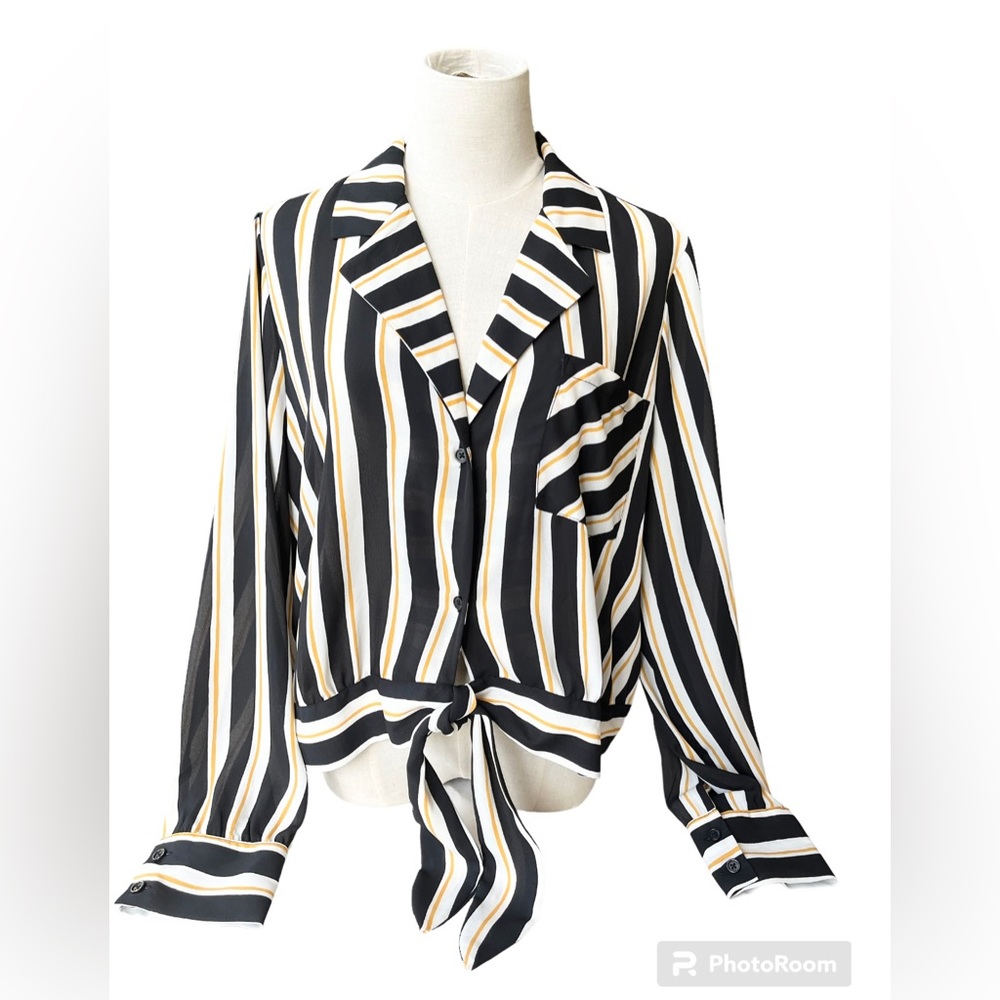 Who What Wear Black, White & Yellow Striped Tie-Front Blouse